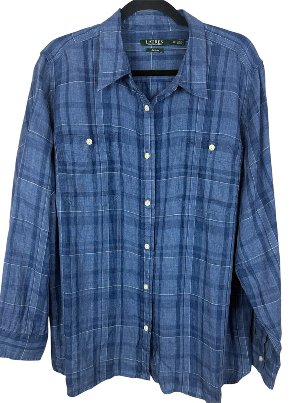Lauren Ralph Lauren Denim Line 100% Linen Plaid Button Down Shirt Blue 2X